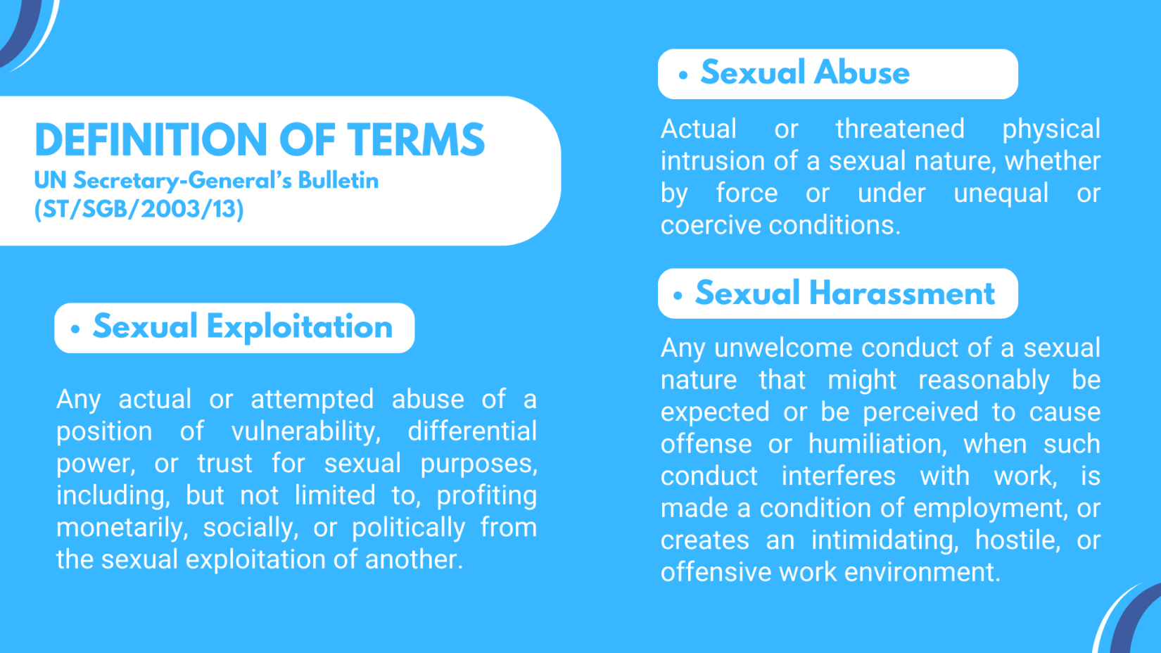 PSEA definition of terms for sexual exploitation, sexual abuse, sexual harassment